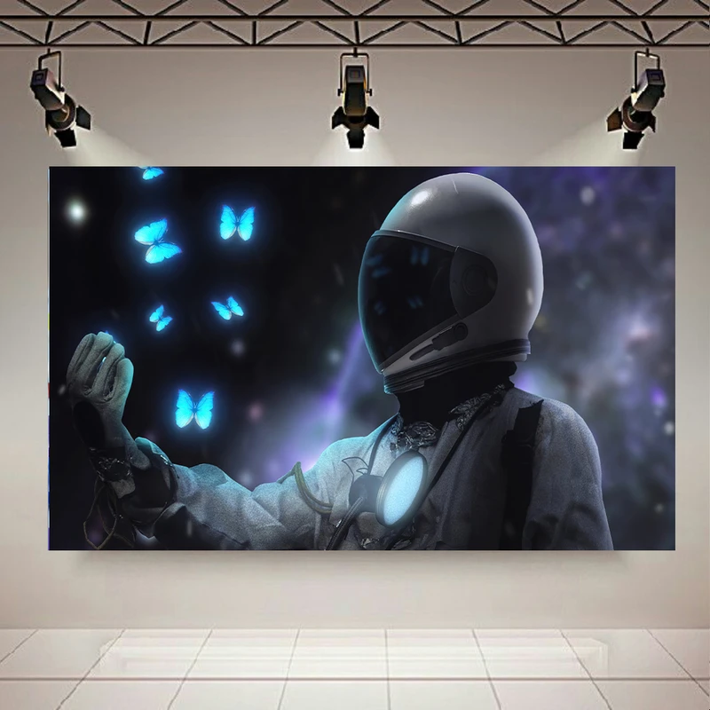 پوستر پارچه ای بلک لایت  طرح کهکشان و فضانورد مدل پروانه های آبی AR30552