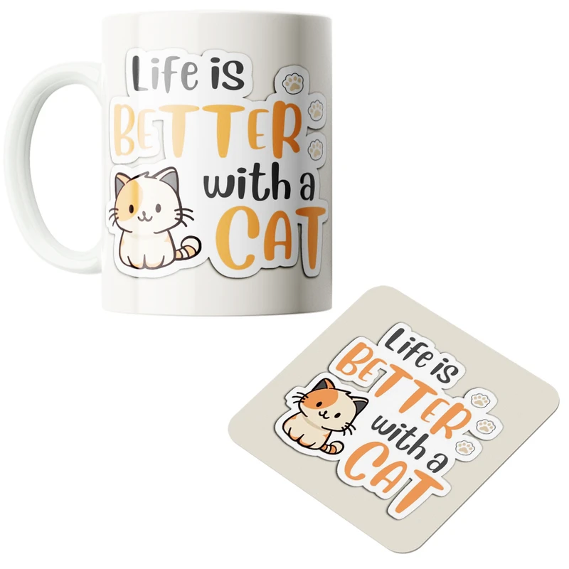 ماگ پاد آفرین مدل گربه کد z502 به همراه زیر لیوانی