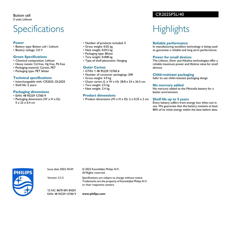 باتری سکه ای فیلیپس مدل  CR2025 CR 2025