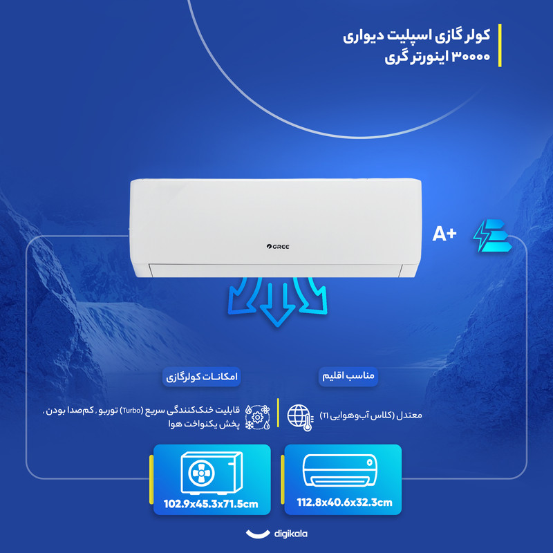 کولر گازی اسپلیت دیواری 30000 اینورتر گری مدل GWH _H30H1