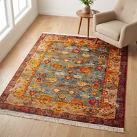 فرش ماشینی 700 شانه زمینه آبی حاشیه قرمز لاکی مدل شاهکار نوین کد N136