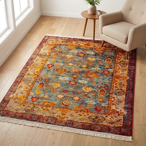 فرش ماشینی 700 شانه زمینه آبی حاشیه قرمز لاکی مدل شاهکار نوين کد n136