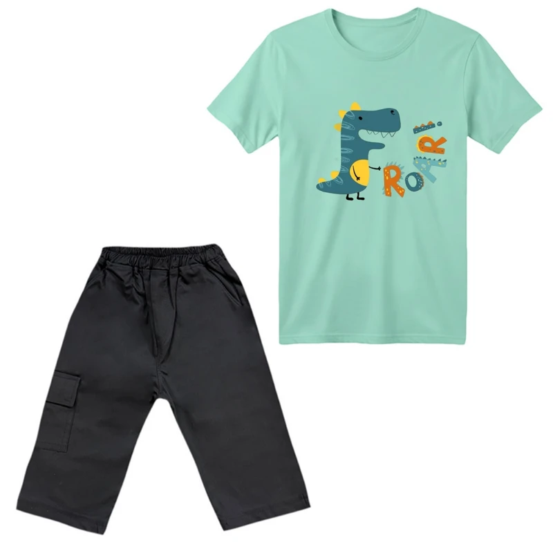 ست تی‌شرت آستین کوتاه و شلوارک پسرانه مدل دایناسور کد ۲۴