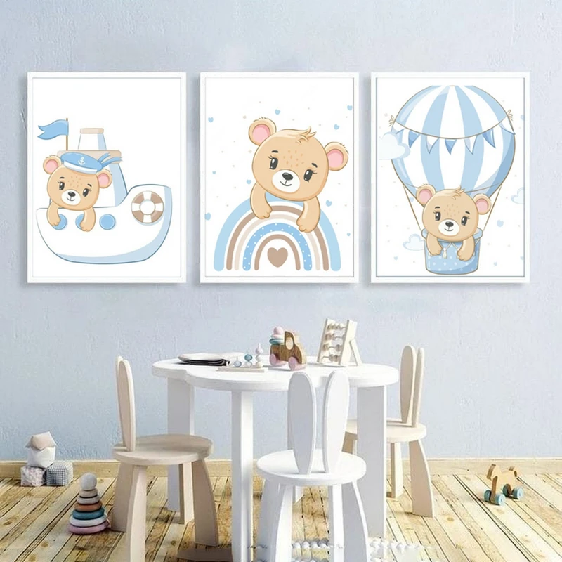 تابلو بکلیت دکوراتیو طرح اتاق کودک و خرس کوچولو مدل W-MR-1039 مجموعه 3 عددی فریم نقره ای