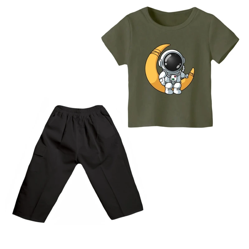 ست تی شرت و شلوارک پسرانه مدل فضانورد کد ۱۱  رنگ سبز