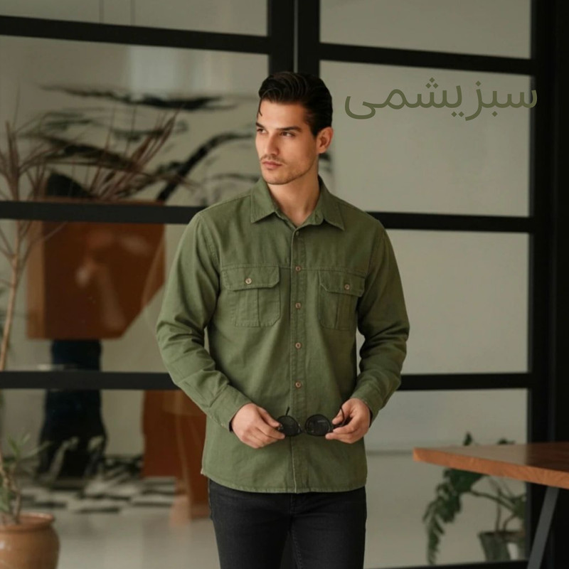 پیراهن آستین بلند یقه برگردان با تنخور آزاد مردانه تاج نیا مدل تمام دگمه دو جیب