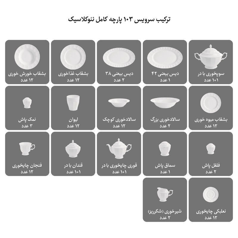 سرویس غذاخوری 103 پارچه چینی زرین ایران سری نئوکلاسیک مدل آرتمیس درجه یک