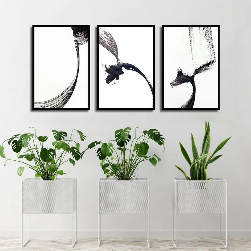 تابلو بکلیت طرح نقاشی خطوط مدل B-3516 فریم مشکی مجموعه 3 عددی