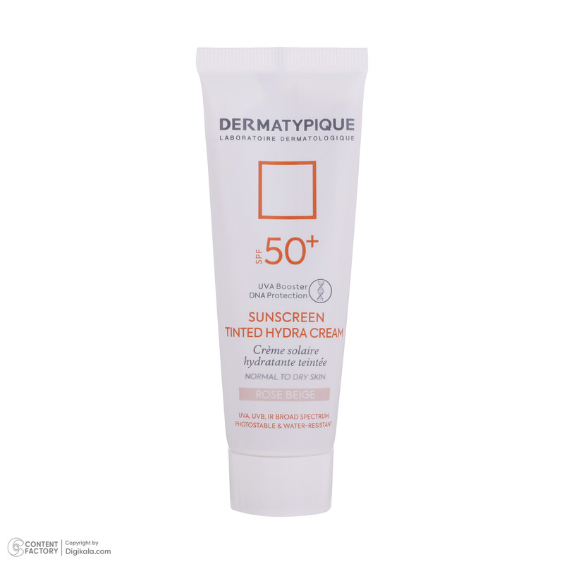 کرم ضد آفتاب رنگی درماتیپیک، 50 SPF، مدل هیدرا، مناسب پوست نرمال تا خشک تنالیته رنگ روشن و حجم 50 میلی‌لیتر، محافظت کننده در برابر اشعه UVA، UVB، IR، ضد آب، ضد خطوط ریز و پیری پوست، مرطوب کننده، التیام‌بخش، با ماندگاری 2 ساعته