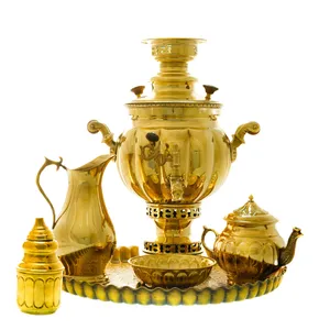 سرویس سماور ذغالی 6 پارچه برنجی مدل توپی ترک دار کد 4272