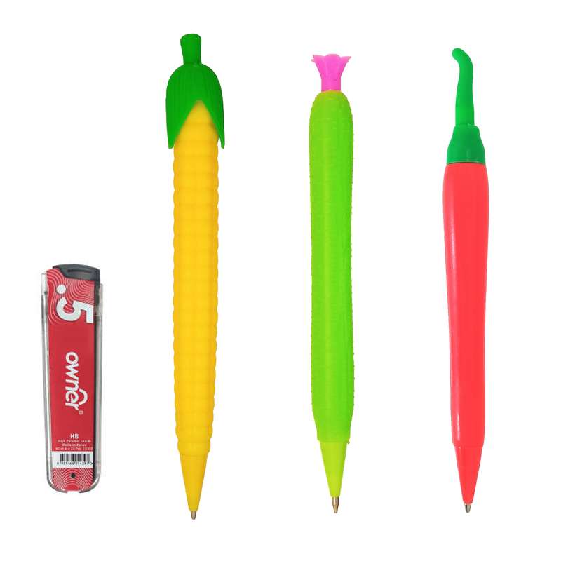 مداد نوکی 0.5 میلی متری طرح خیار فلفل ذرت بسته 3 عددی به همراه نوک مداد نوکی اونر 