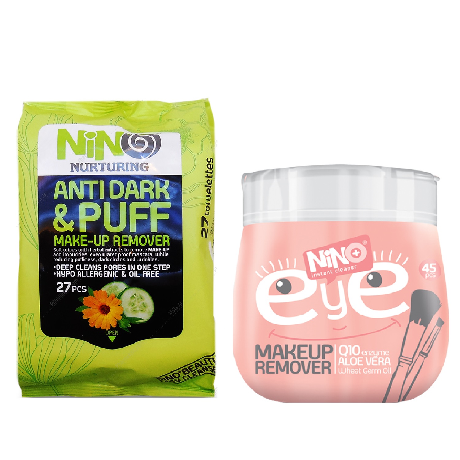 دستمال مرطوب پاک کننده آرایش نينو مدل Anti Dark & Puff بسته 27 عددی به همراه دستمال مرطوب پاک کننده آرایش مدل EYE بسته 45 عددی