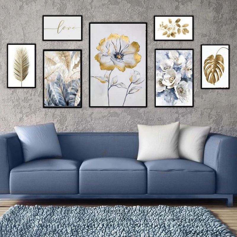 تابلو بکلیت طرح نقاشی گل و برگ انجیری مدل شاین اکلیلی B-2204 فریم مشکی مجموعه 7 عددی