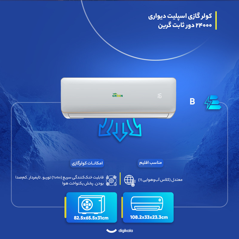 کولر گازی اسپلیت دیواری 24000 دور ثابت گرین مدل GWS-H24P1T1/R1