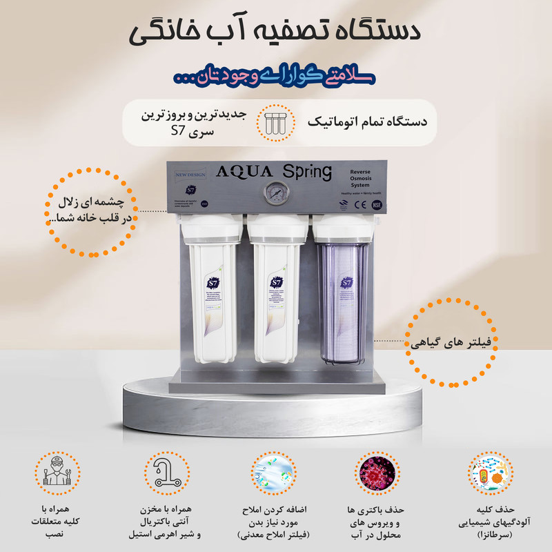 دستگاه تصفیه کننده آب آکوآ اسپرینگ مدل RO-S7-KZ 7700 به همراه فیلتر مجموعه 4 عددی و رسوبگیر گلیتز