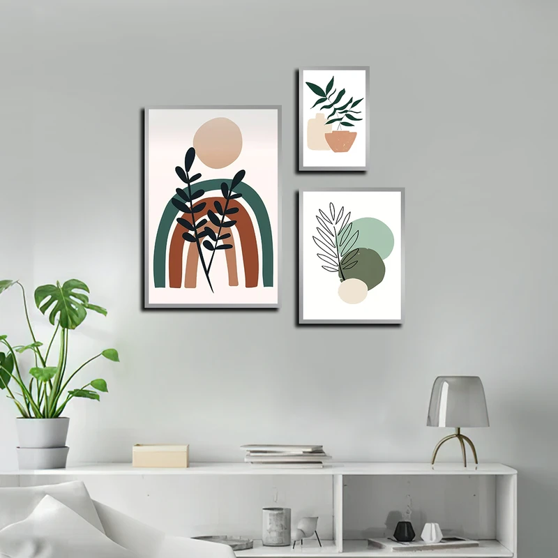 تابلو بکلیت طرح نقاشی مینیمال رنگین کمان و برگ مدل SI-3682 فریم نقره ای مجموعه 3 عددی