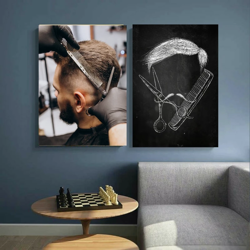 تابلو بوم طرح آرایشگاه مردانه مدل قیچی و شانه کد BK22770 مجموعه دو عددی