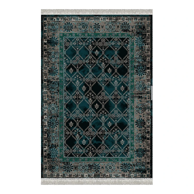 فرش ماشینی 1000 شانه هانوکس زمینه سبز حاشیه چند رنگ مدل مدرن کد L338