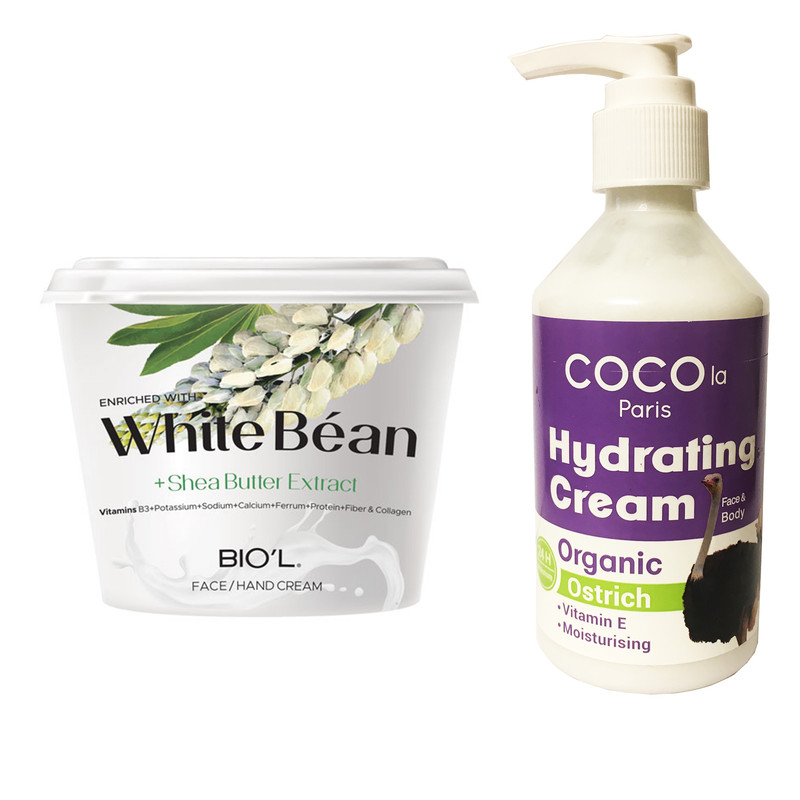 کرم مرطوب کننده بیول مدل White Bean حجم 250 میلی لیتر به همراه کرم آبرسان کوکولا پاریس مدل روغن شترمرغ حجم ۲۵۰ میلی لیتر 