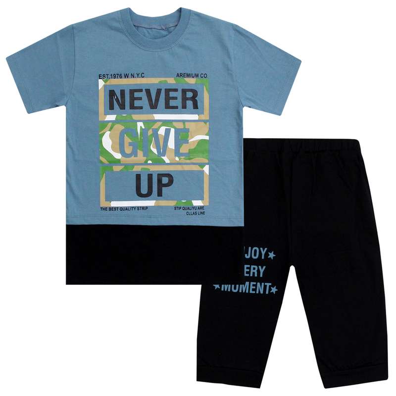 ست تی شرت و شلوارک پسرانه مدل Never Give Up رنگ طوسی