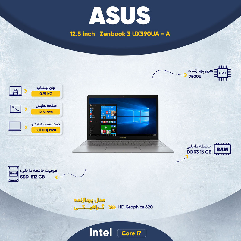 لپ تاپ 12.5 اینچی ایسوس مدل Zenbook 3 UX390UA - A لپ تاپ 12.5 اینچی ایسوس مدل Zenbook 3 UX390UA - A