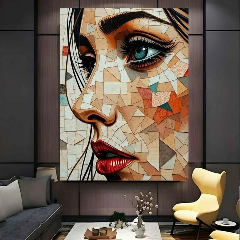 تابلو بوم طرح مخمل چهره زن مدل موزاییک هنری کد PY563