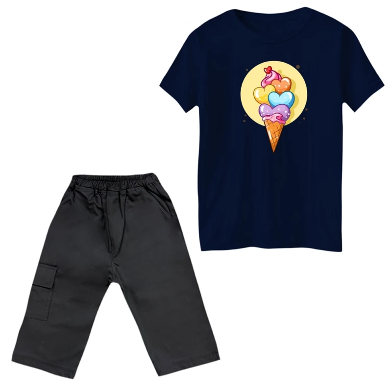 ست تی‌شرت آستین کوتاه و شلوارک دخترانه مدل بستنی کد 1 رنگ سورمه ای