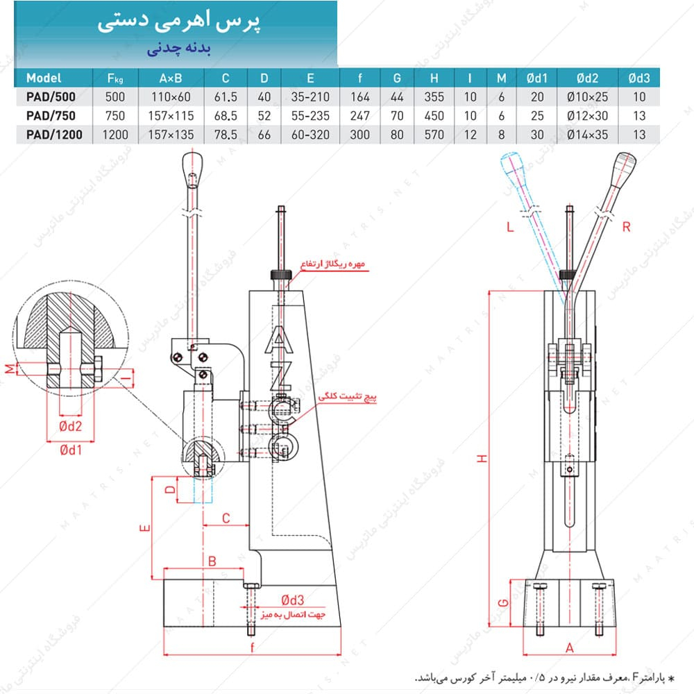 پرس رومیزی قابل تنظیم مدل PAD 750