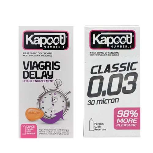 کاندوم کلاسیک کاپوت مدل 0.03 بسته 10 عددی به همراه کاندوم تاخیری کاپوت مدل VIAGRIS DELAY بسته 12 عددی