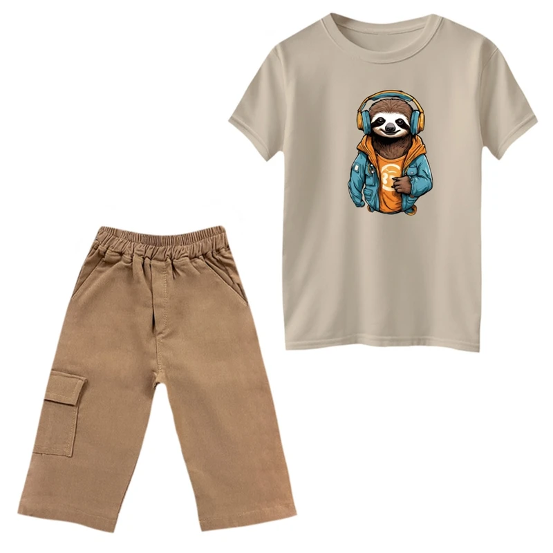 ست تی‌شرت و شلوارک پسرانه مدل تنبل و موزیک