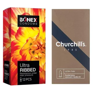 کاندوم چرچیلز مدل Ultra Thin Double Delay بسته 12 عددی به همراه کاندوم بونکس مدل Ultra Ribbed بسته 12 عددی 