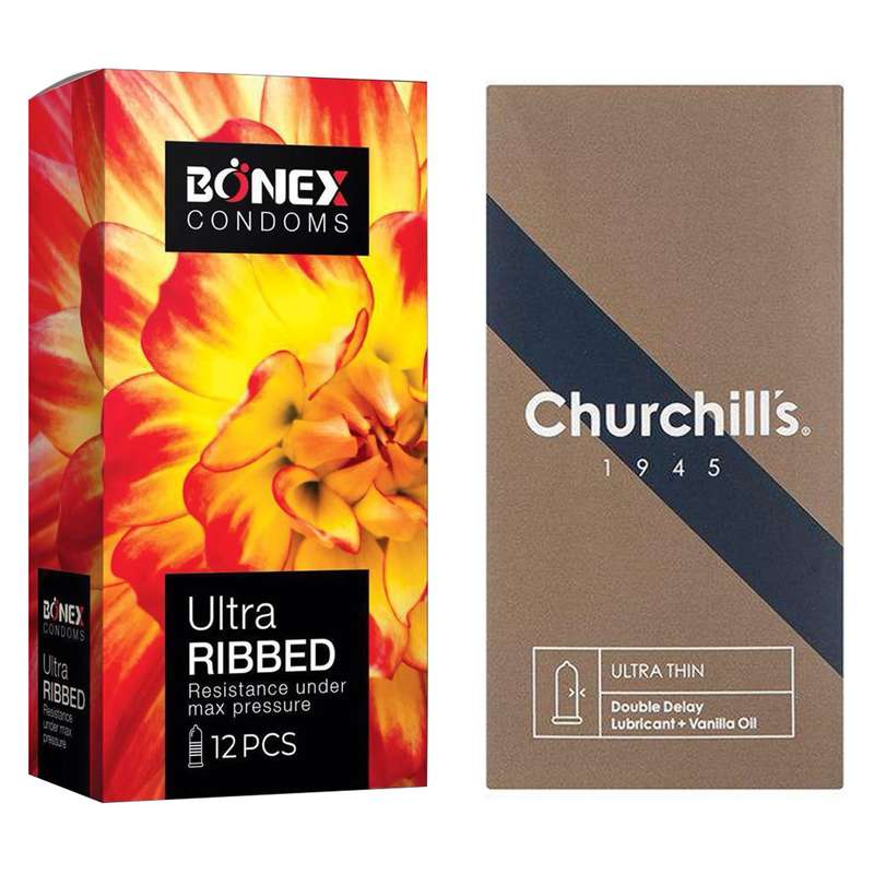 کاندوم چرچیلز مدل Ultra Thin Double Delay بسته 12 عددی به همراه کاندوم بونکس مدل Ultra Ribbed بسته 12 عددی