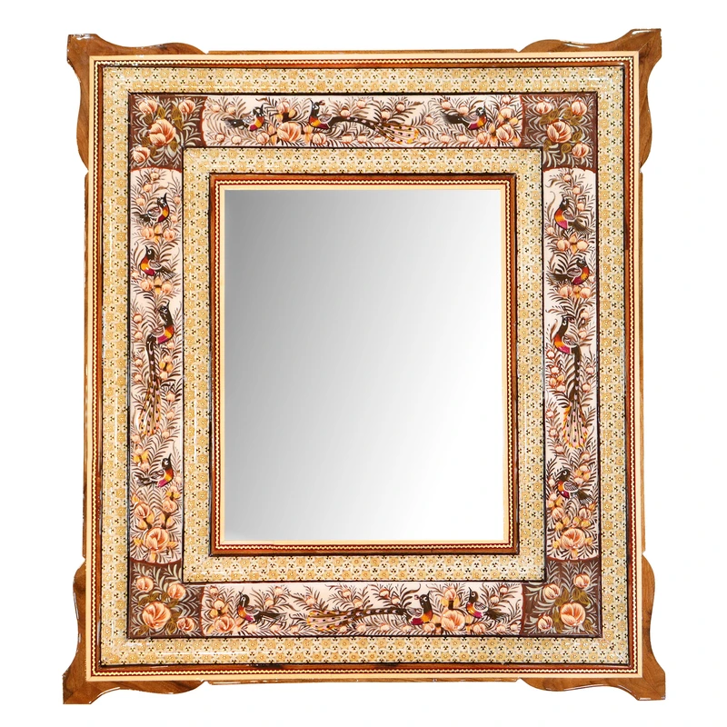 آینه خاتم کاری چوبی صنایع دستی فاخر مدل یونیک طرح گل و مرغ برجسته کد Br55p50mr3024-2f2