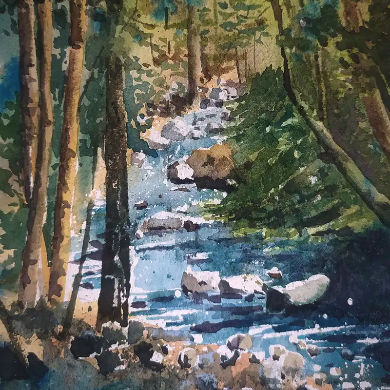 نقاشی آبرنگ طرح رودخانه جنگلی کد 131