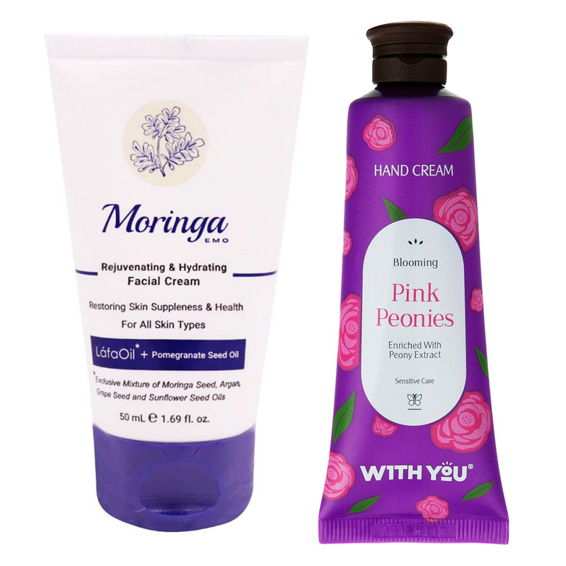 کرم آبرسان مورینگا امو مدل Rejuvenating حجم 50 میلی لیتر به همراه کرم مرطوب کننده ویت یو مدل Pink Peonies حجم 50 میلی لیتر