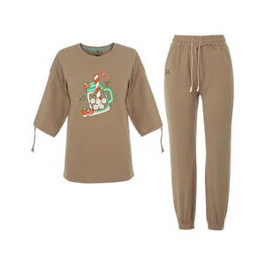 ست تیشرت و شلوار زنانه بنیس مدل میلک رنگ نسکافه ای