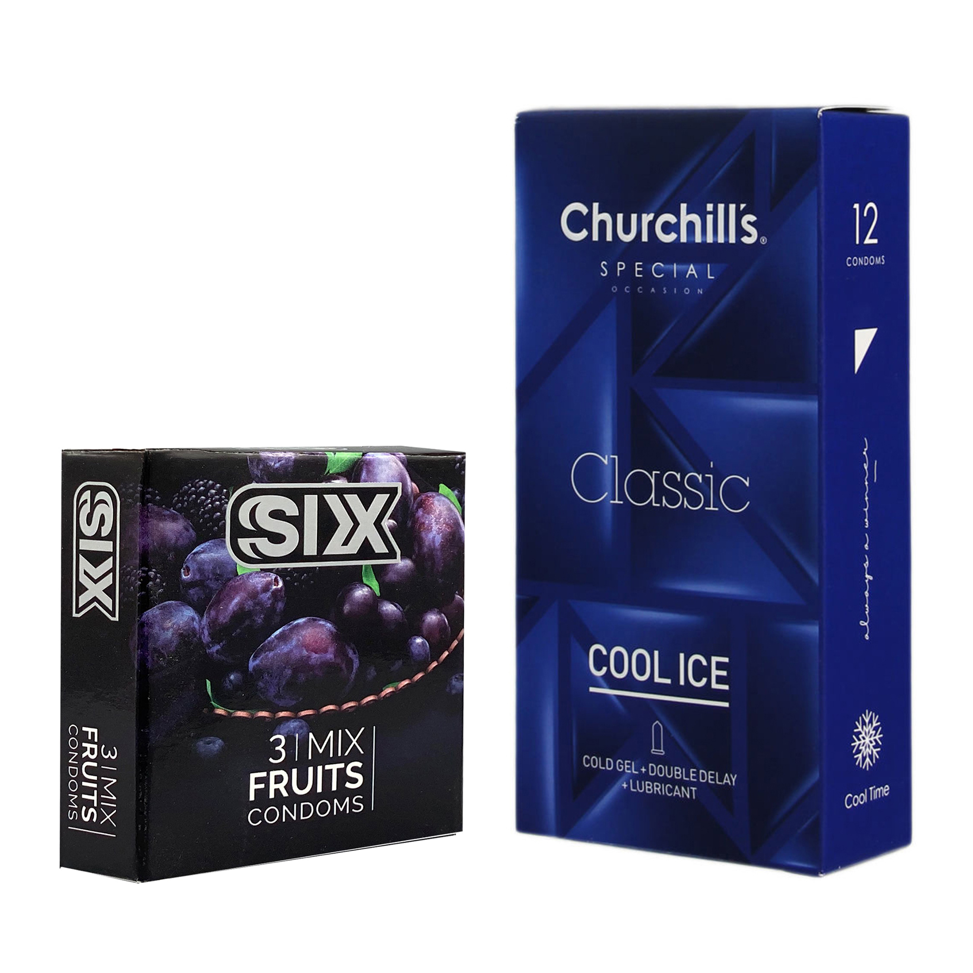 کاندوم چرچیلز مدل Cool Ice بسته 12 عددی به همراه کاندوم سیکس مدل میوه ای بسته 3 عددی 