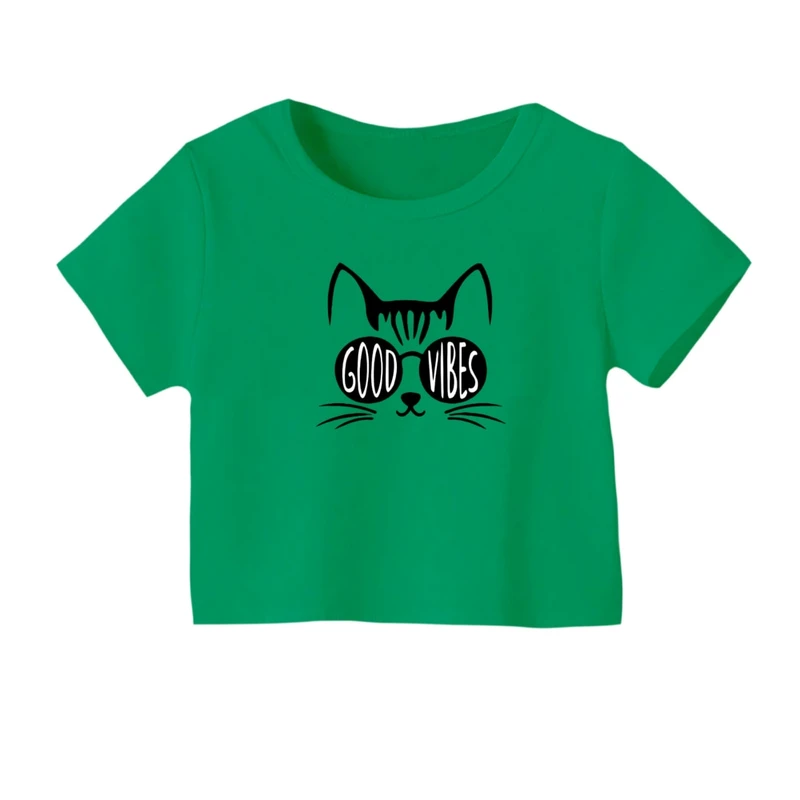 کراپ‌ تی‌شرت آستین کوتاه زنانه مدل گربه فشن کد 02