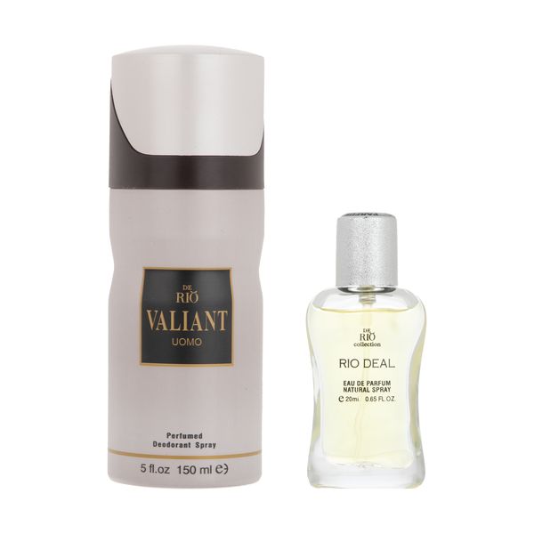 عطر جیبی مردانه ریو کالکشن مدل Rio Deal حجم 20 میلی لیتر به همراه اسپری بدن مردانه مدل Valiant حجم 150 میلی لیتر