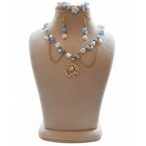 نیم ست زنانه مدل سنگ آکوامارین طرح ماه و ستاره