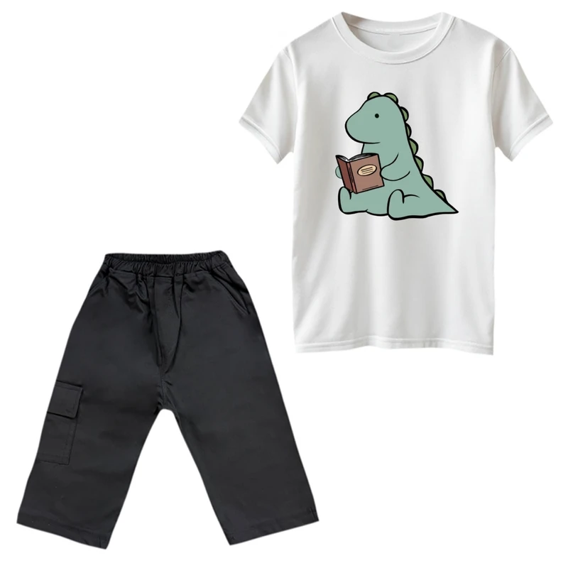 ست تی‌شرت و شلوارک پسرانه مدل دایناسور و کتاب