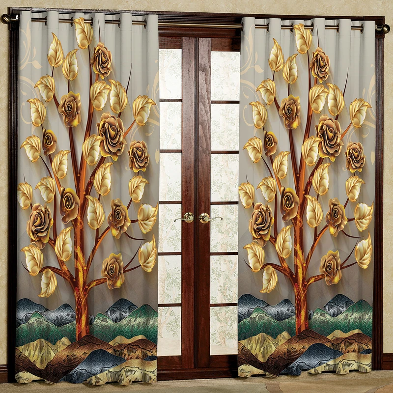 پرده مدل درخت گل های طلایی هازان پانچی کد 2412 سایز 140x200 سانتی متر