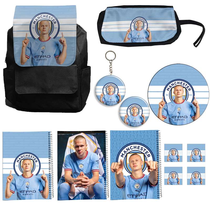 کوله پشتی طرح هالند کد 2 به همراه دفتر مشق و جامدادی و زیر لیوانی و جاکلیدی مجموعه 12 عددی