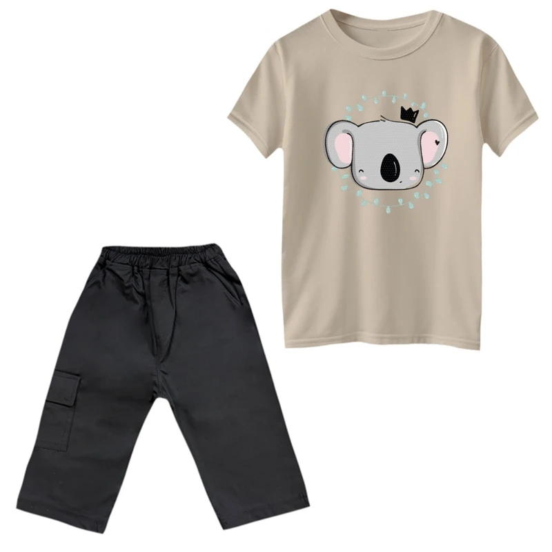 ست تی‌شرت و شلوارک پسرانه مدل کوالا و تاج رنگ کرم