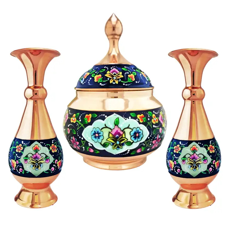 ست 3 تکه گلدان و قندان مسی مدل پرداز کد 16