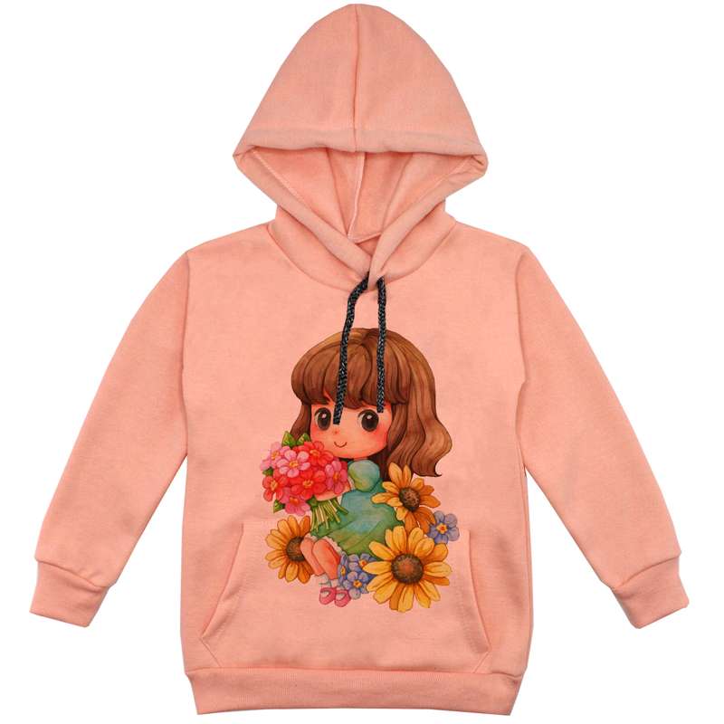 هودی دخترانه مدل دختر و گل F131 رنگ گلبهی