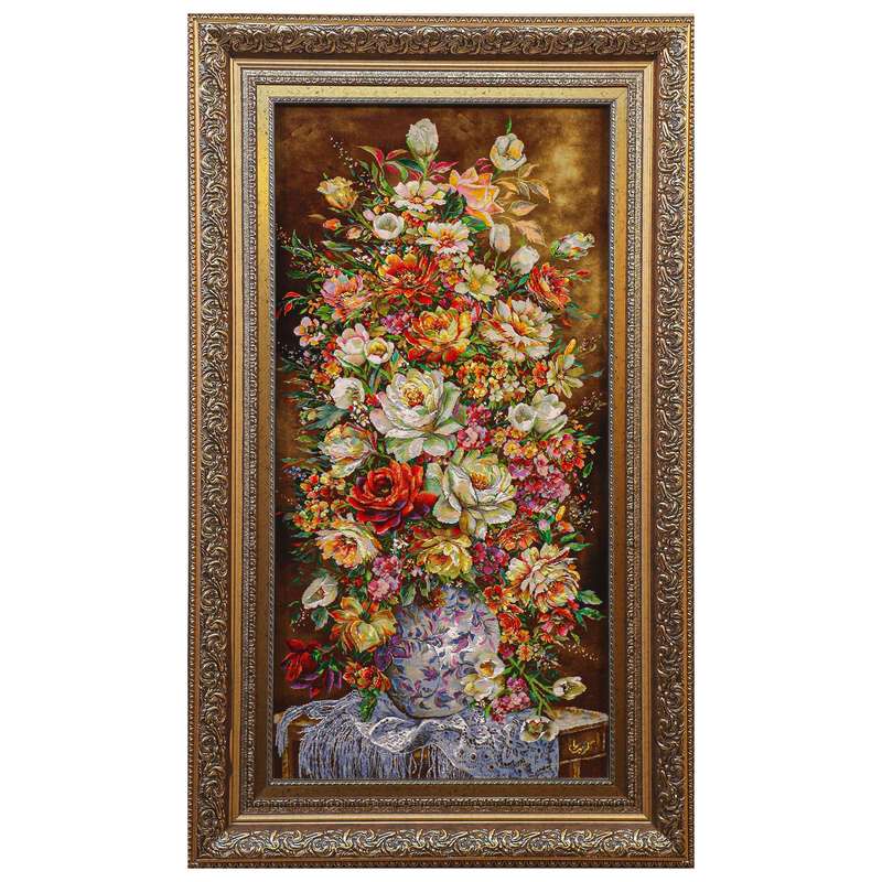 تابلو فرش دستباف مدل گل طولی گلدان بلوری کریم نیا کد 9801