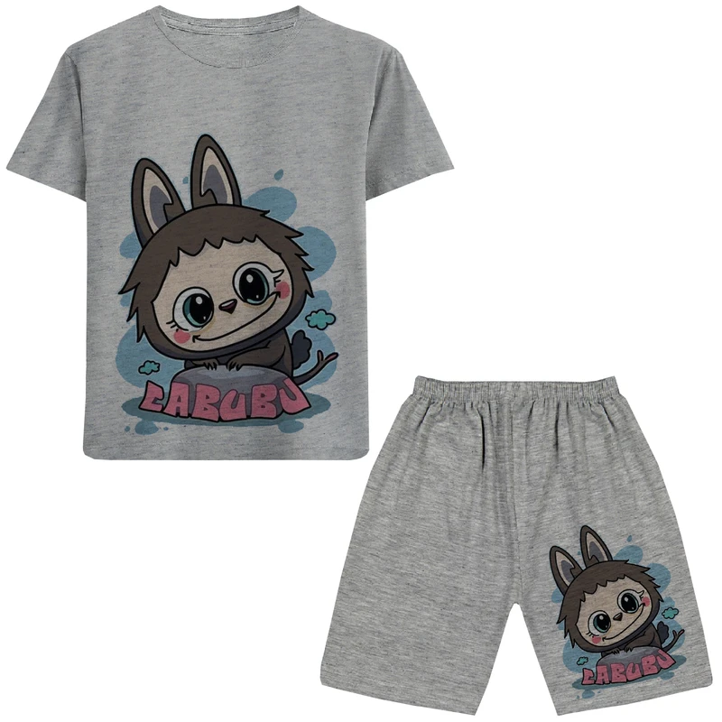 ست تی شرت آستین کوتاه و شلوارک راحتی دخترانه  مدل A108 LABUBU