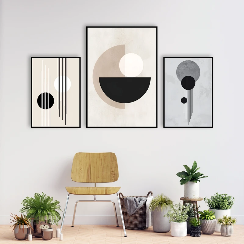 تابلو بکلیت طرح دکوراتیو نقاشی مینیمال و هنری کد B-MR-1127  فریم مشکی مجموعه 3 عددی