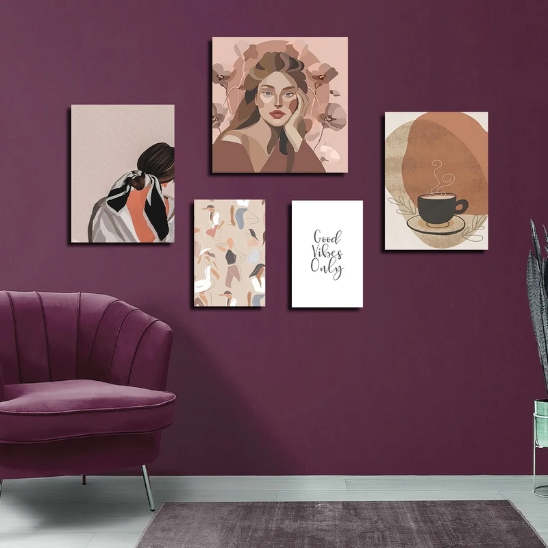 تابلو شاسی بکلیت طرح نقاشی مینیمال دخترانه مدل SH-2286 مجموعه 5 عددی